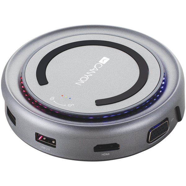 Canyon Multiport Docking Station with 5 port, with wireless charger 10W, 2*Type C+1*HDMI+1*VGA+1*USB3.0+1*USB2.0. Input 100-240V, Output USB-C PD100W&USB-A 5V/1A, cable length type c-c 0.3m+micro USB 0.6m, Space gray, 104*104*28mm, 0.203kg