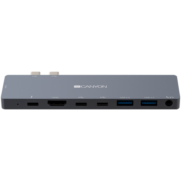 Canyon Multiport Docking Station with 8 port, 1*Type C PD100W+2*Type C data+2*HDMI+2*USB3.0+1*Audio. Input 100-240V, Output USB-C PD100W&USB-A 5V/1A, Aluminium alloy, Space gray, 135*48*10mm, 0.056kg