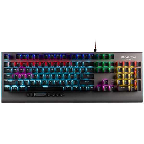 CANYON Wired multimedia gaming keyboard with lighting effect, 20pcs rainbow LED & 19pcs RGB light, Numbers 104keys, EN double injection layout, cable length 1.8M, 446*160*40mm, 0.98kg, color Dark grey