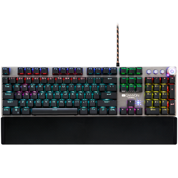 Wired Gaming Keyboard,Black 104 mechanical switches,60 million times key life, 22 types of lights,Removable magnetic wrist rest,4 Multifunctional control knob,Trigger actuation 1.5mm,1.6m Braided cable,US layout,dark grey, size:435*125*37.47mm, 840g