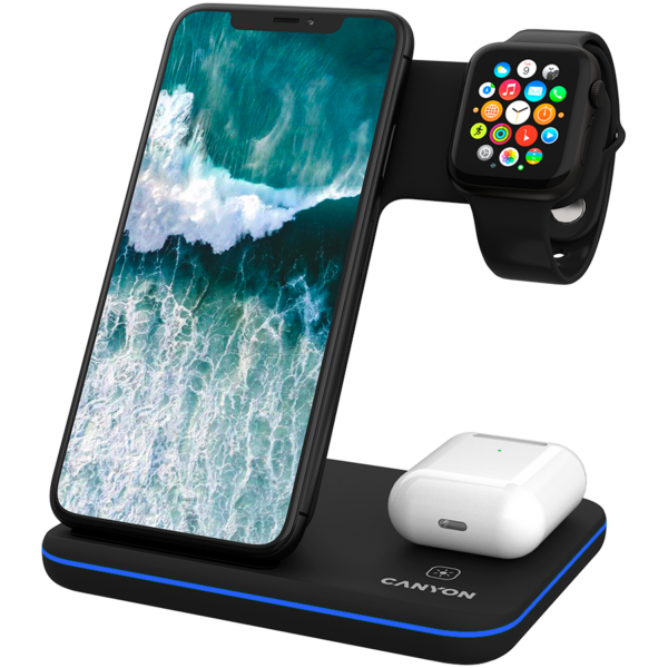 CANYON WS-303 3in1 Wireless charger, with touch button for Running water light, Input 9V/2A, 12V/2A, Output 15W/10W/7.5W/5W, Type c to USB-A cable length 1.2m, 137*103*140mm, 0.195Kg, Black