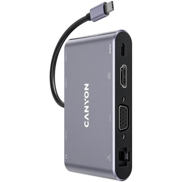 Canyon 8 in 1 USB C hub, with 1*HDMI: 4K*30Hz, 1*VGA, 1*Type-C PD charging port, Max 100W PD input. 3*USB3.0,transfer speed up to 5Gbps. 1*Glgabit Ethernet, 1*3.5mm audio jack, cable 15cm, Aluminum alloy housing,95*55*17.6 mm, 107g, Dark grey