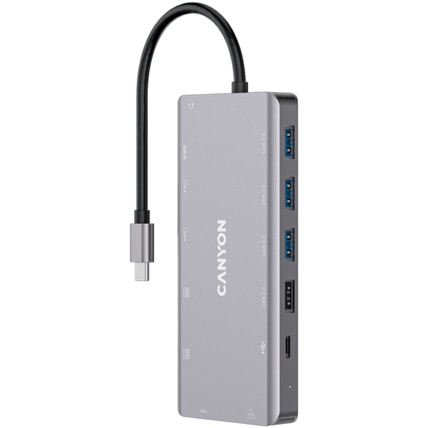 Canyon 13 in 1 USB C hub, with 2*HDMI, 3*USB3.0: support max. 5Gbps, 1*USB2.0: support max. 480Mbps, 1*PD: support max 100W PD, 1*VGA,1* Type C data, 1*Glgabit Ethernet, 1*3.5mm audio jack, cable 15cm, Aluminum alloy housing,130*57.5*15 mm,DarK gray