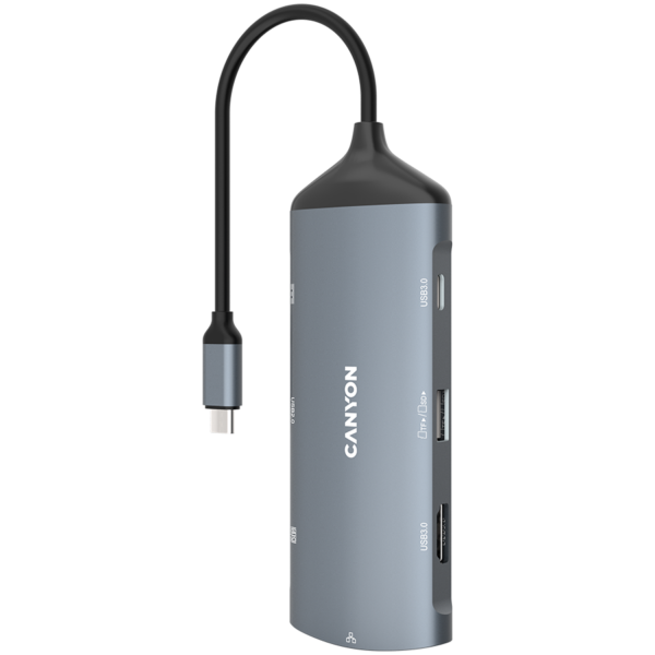 Canyon 8 in 1 hub, with 1*HDMI ,1*Gigabit Ethernet,1*USB C female:PD3.0 support max60W,1*USB C male :PD3.0 support max100W,2*USB3.1:support max 5Gbps ,1*USB2.0:support max 480Mbps, 1*SD, cable 15cm, Aluminum alloy housing,133.24*48.7*15.3mm,Dark grey