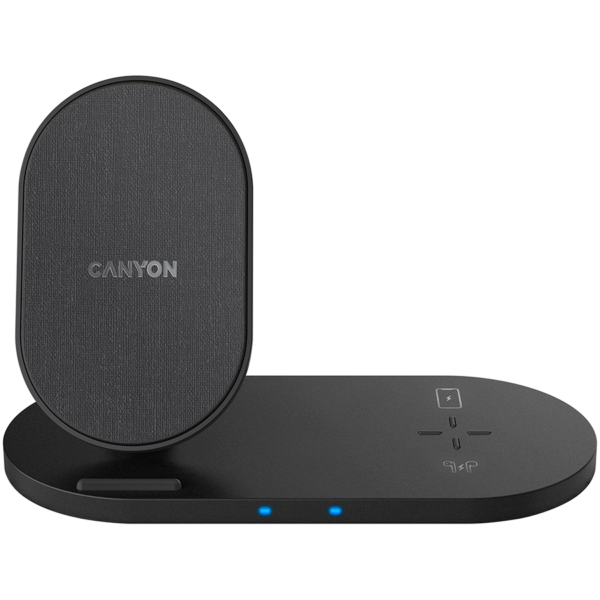 CANYON WS-202 2in1 Wireless charger, Input 5V/3A, 9V/2.67A, Output 10W/7.5W/5W, Type c cable length 1.2m, PC+ABS,with PU part ,180*86*111.1mm, 0.185Kg,Black