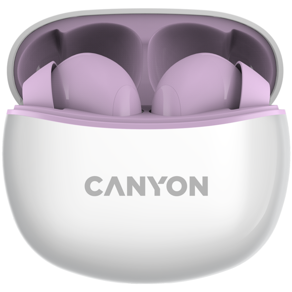 Canyon TWS-5 Bluetooth headset, with microphone, BT V5.3 JL 6983D4, Frequence Response:20Hz-20kHz, battery EarBud 40mAh*2+Charging Case 500mAh, type-C cable length 0.24m, size: 58.5*52.91*25.5mm, 0.036kg, Purple