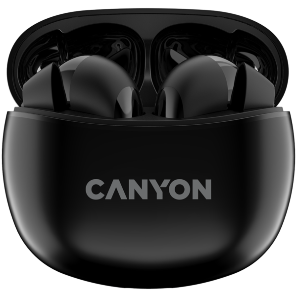 Canyon TWS-5 Bluetooth headset, with microphone, BT V5.3 JL 6983D4, Frequence Response:20Hz-20kHz, battery EarBud 40mAh*2+Charging Case 500mAh, type-C cable length 0.24m, size: 58.5*52.91*25.5mm, 0.036kg, Black