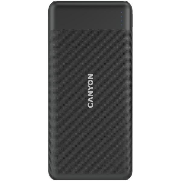 CANYON PB-109 Power bank 10000mAh Li-poly battery, Input Lightning &Type C  : 5V/2A, 9V/2A PD 18W(Max), Output Type C 5V/3A,9V/2.2A,12V/1.5A 20W,  Output USB A:5V3A,9V2A,12V1.5A,18W quick charging cable 0.3m, 144*68*16mm, 0.24kg, Black