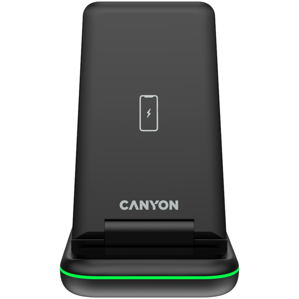 CANYON WS- 304, Foldable  3in1 Wireless charger, with touch button for Running water light, Input 9V/2A,  12V/1.5AOutput 15W/10W/7.5W/5W, Type c to USB-A cable length 1.2m, with QC18W EU plug,132.51*75*28.58mm, 0.168Kg, Black
