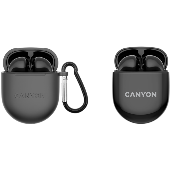 Canyon TWS-6 Bluetooth headset, with microphone, BT V5.3 JL 6976D4, Frequence Response:20Hz-20kHz, battery EarBud 30mAh*2+Charging Case 400mAh, type-C cable length 0.24m, Size: 64*48*26mm, 0.040kg, Black