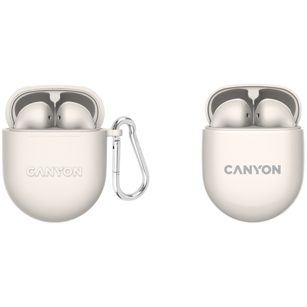 Canyon TWS-6 Bluetooth headset, with microphone, BT V5.3 JL 6976D4, Frequence Response:20Hz-20kHz, battery EarBud 30mAh*2+Charging Case 400mAh, type-C cable length 0.24m, Size: 64*48*26mm, 0.040kg, Beige