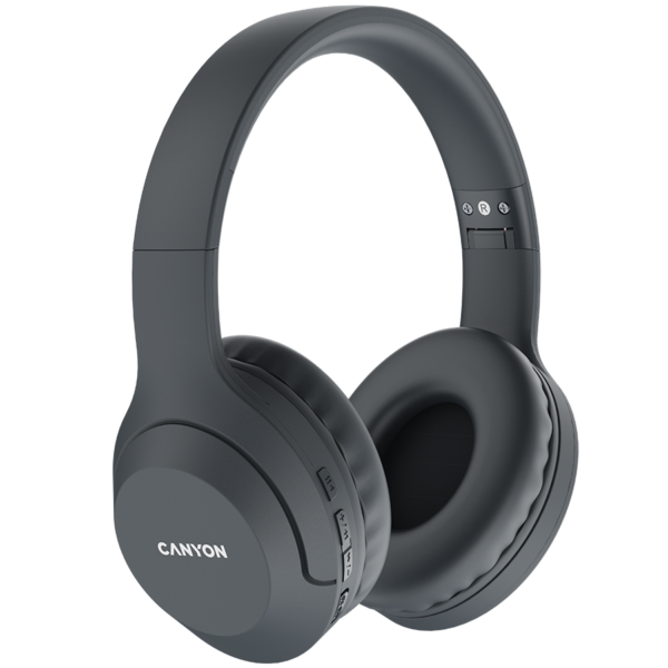 CANYON BTHS-3, Canyon Bluetooth headset,with microphone, BT V5.1 JL6956, battery 300mAh, Type-C charging plug, PU material, size:168*190*78mm, charging cable 30cm and audio cable 100cm, Dark grey